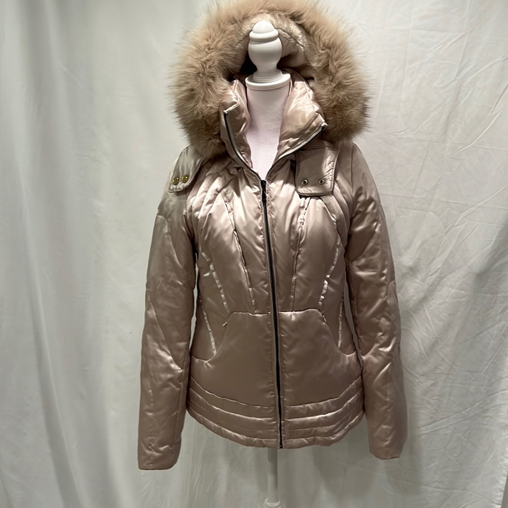 I Madison down jacket with fox fur trim on removable hood.